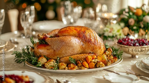 A beautifully roasted turkey surrounded by vegetables and garnishes on an elegantly set dining table, ideal for holiday feast promotions, Thanksgiving visuals, or festive family meal concepts, photo