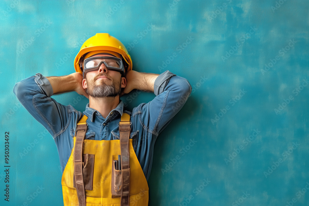 Construction worker resting with safety gear after a project