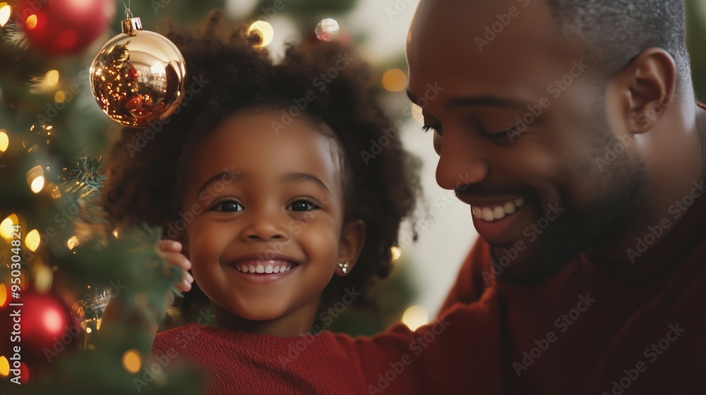 Joyful father and daughter decorating a Christmas tree together in a cozy home during the festive holiday season Joyful father and daughter decorating a Christmas tree together in a cozy home during the festive holiday season