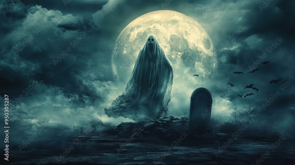 Eerie Halloween Haunting: Ghostly Figure by Crumbling Tombstone Under Full Moon - Spooky October Night Poster Concept Eerie Halloween Haunting: Ghostly Figure by Crumbling Tombstone Under Full Moon - Spooky October Night Poster Concept