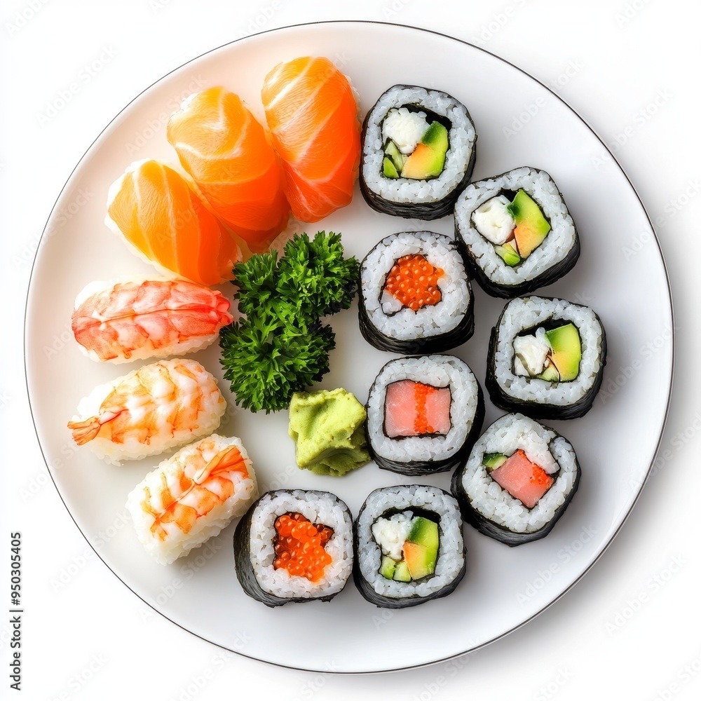 A plate of sushi rolls, fresh ingredients, Japanese zen style, isolated on white background A plate of sushi rolls, fresh ingredients, Japanese zen style, isolated on white background