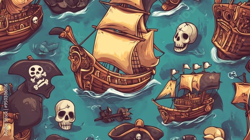 Seamless Pirate Ship Pattern with Skulls  Bones  and Flags