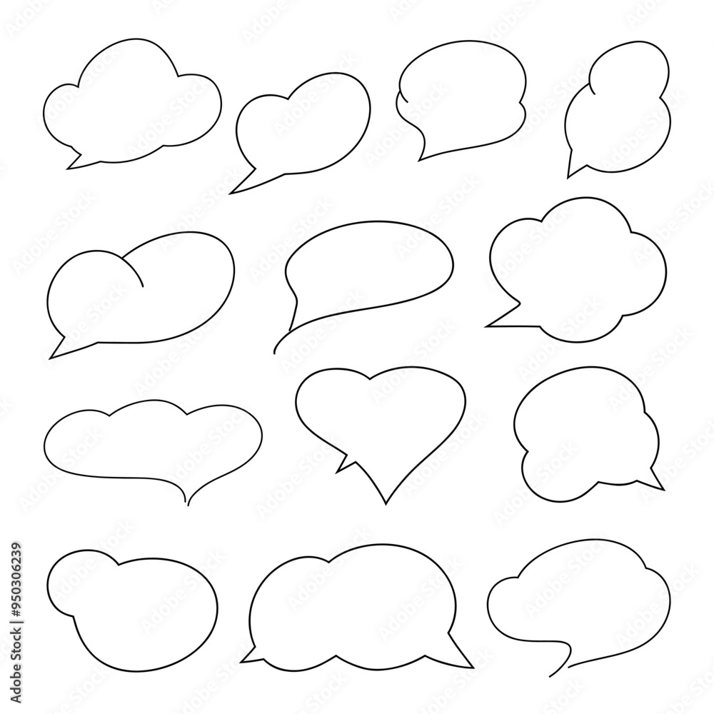 Empty speech bubbles, black and white frame illustration, vector. A set of beautiful contour windows for hand-drawn text. A decorative element for design, decoration, message, dialogue, and title. Empty speech bubbles, black and white frame illustration, vector. A set of beautiful contour windows for hand-drawn text. A decorative element for design, decoration, message, dialogue, and title.