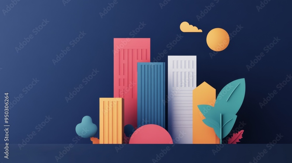 Vibrant, stylized illustration of a cityscape with colorful buildings and trees set against a dark blue background, representing urban life. Vibrant, stylized illustration of a cityscape with colorful buildings and trees set against a dark blue background, representing urban life.