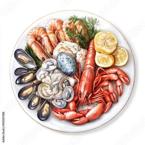 A plate of fresh seafood, mindfulness in ocean bounty, detailed and realistic, isolated on white background photo