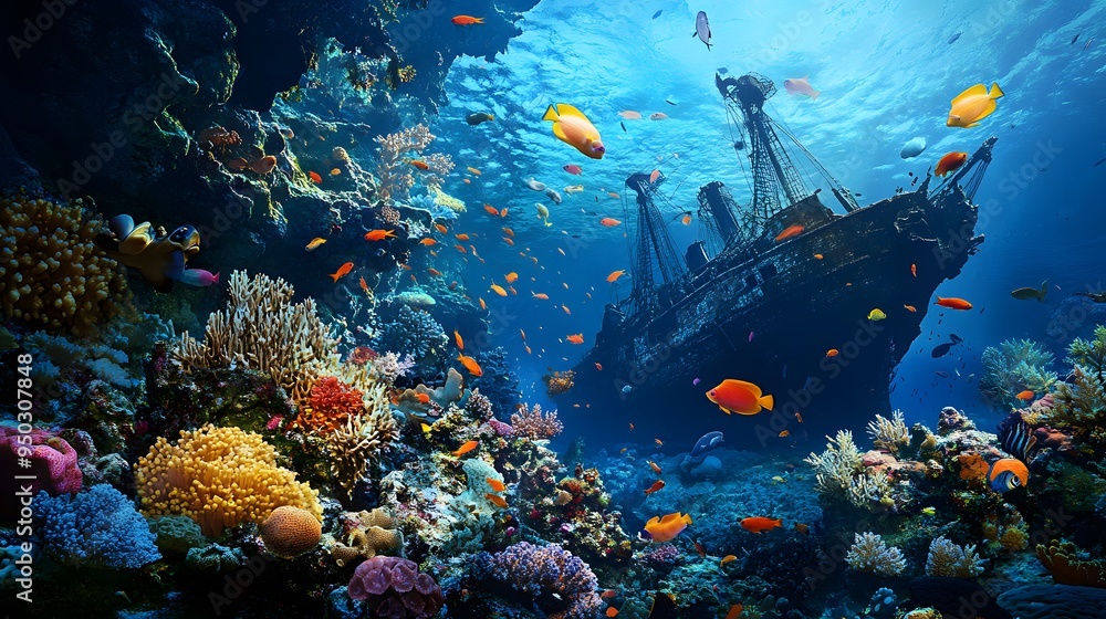 Fototapeta premium Underwater scene vivid coral reefs schools of fish sunken ship sharp details