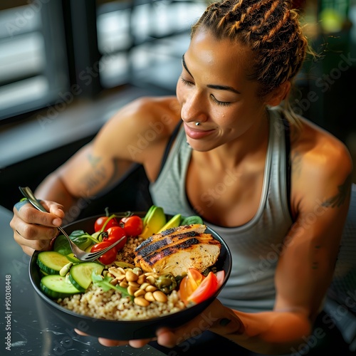 A woman is sitting at a table with a bowl of food in front of her