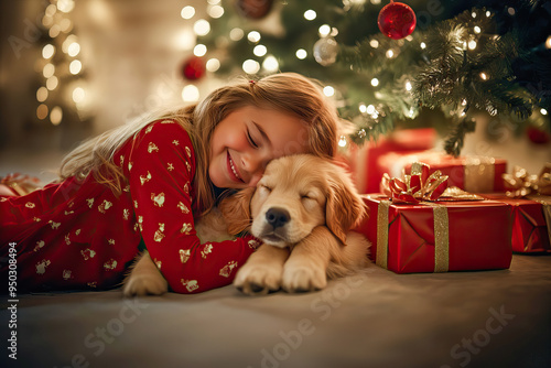 Little girl posing with her dog next to the Christmas tree full of presents on Christmas day photo