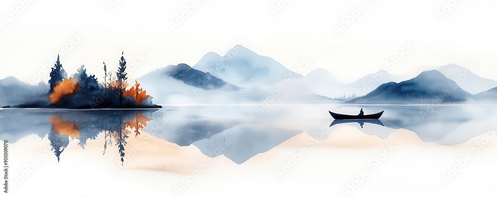 Watercolor painting of a tranquil lake scene with a small island ...