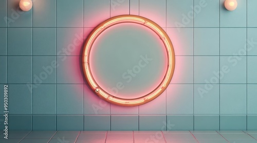 A circular signboard with a vintage neon frame, mounted on a retro diner s tiled wall photo