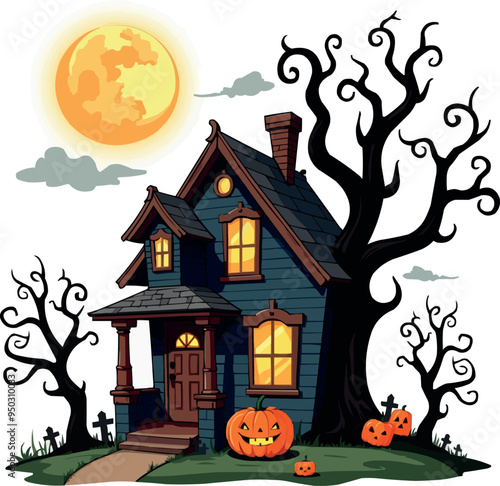 Halloween house. tree, illustration, vector,