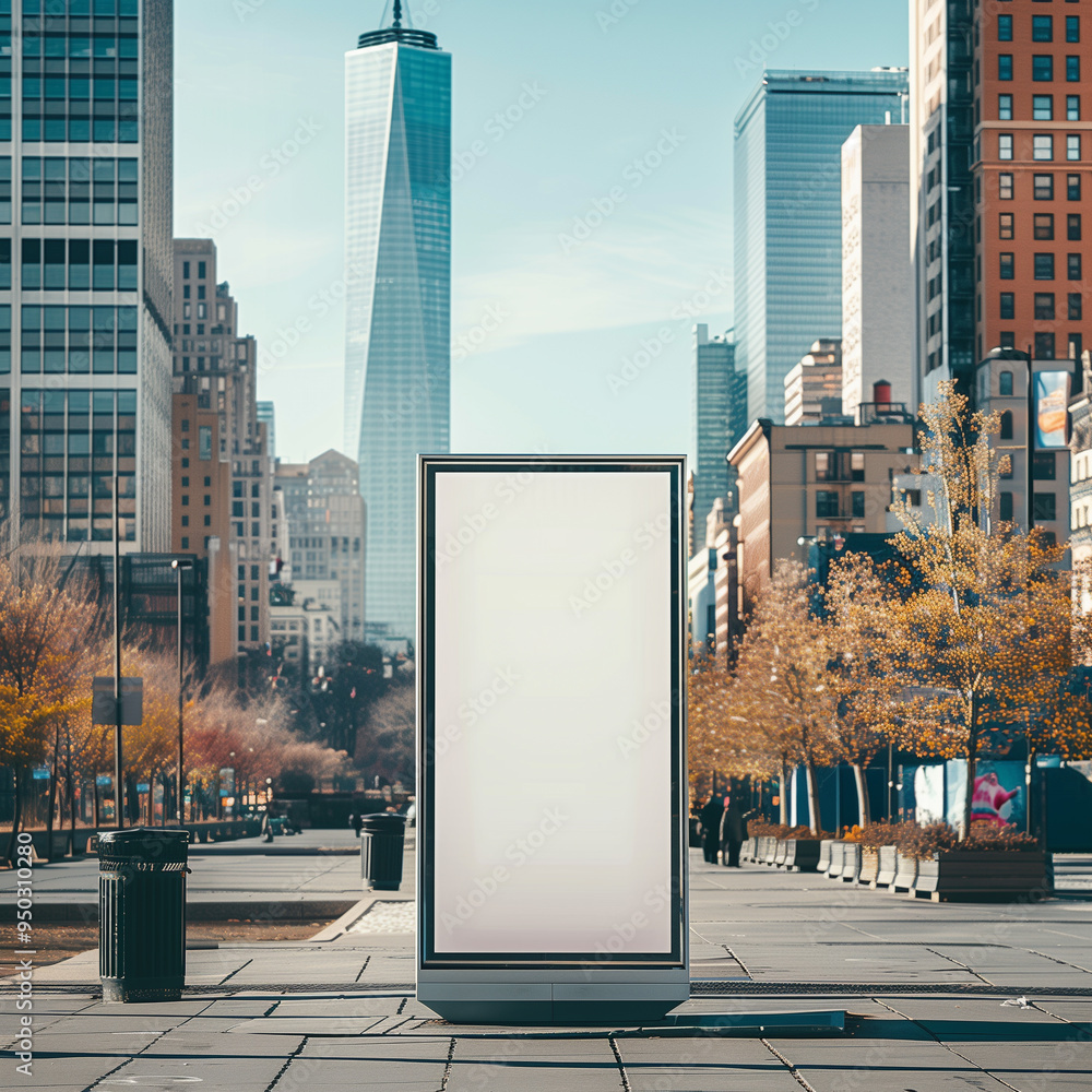 A blank digital billboard mockup stands in a bustling urban environment, surrounded by skyscrapers and cityscape, ready for advertising. A blank digital billboard mockup stands in a bustling urban environment, surrounded by skyscrapers and cityscape, ready for advertising.