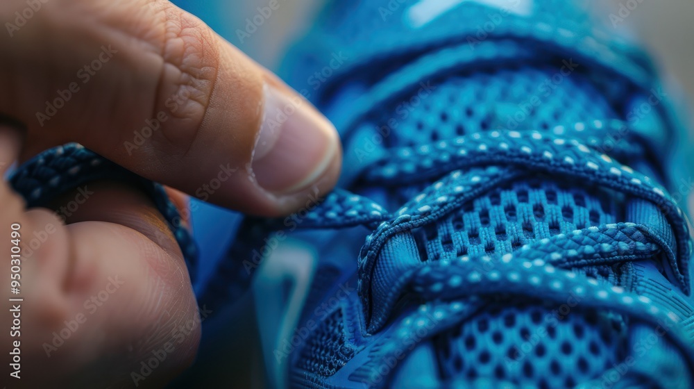 Fototapeta premium Close-up of a hand tying shoelaces on a blue running shoe