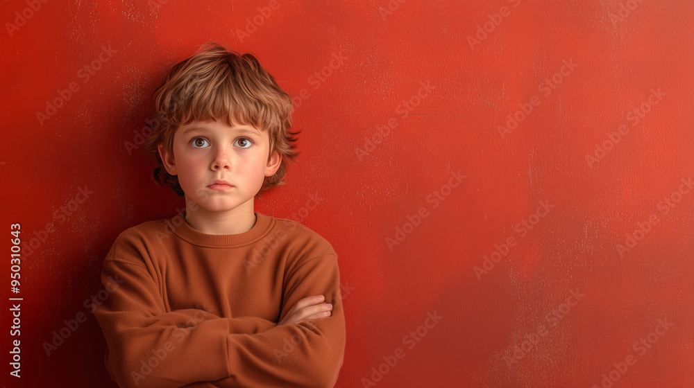 Young boy with crossed arms against a red wall backdrop Young boy with crossed arms against a red wall backdrop