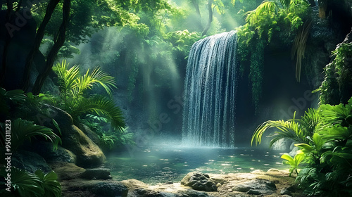 Fototapeta Naklejka Na Ścianę i Meble -  Waterfall in a Lush Green Forest with Sunbeams Shining Through the Trees