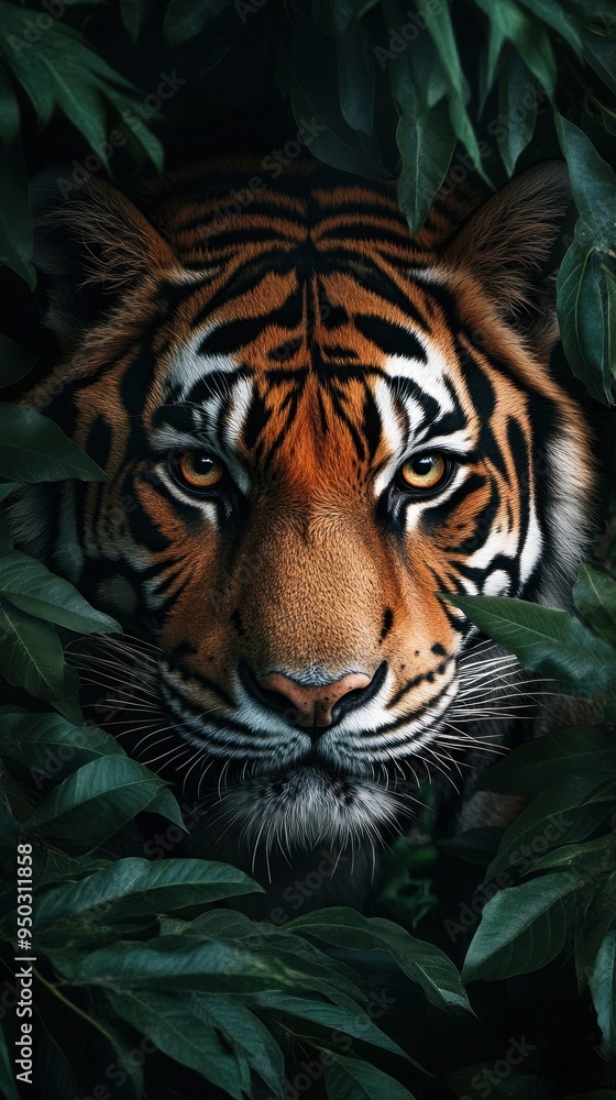 Close-Up of a Tiger's Face Partially Hidden by Lush Green Foliage Close-Up of a Tiger's Face Partially Hidden by Lush Green Foliage