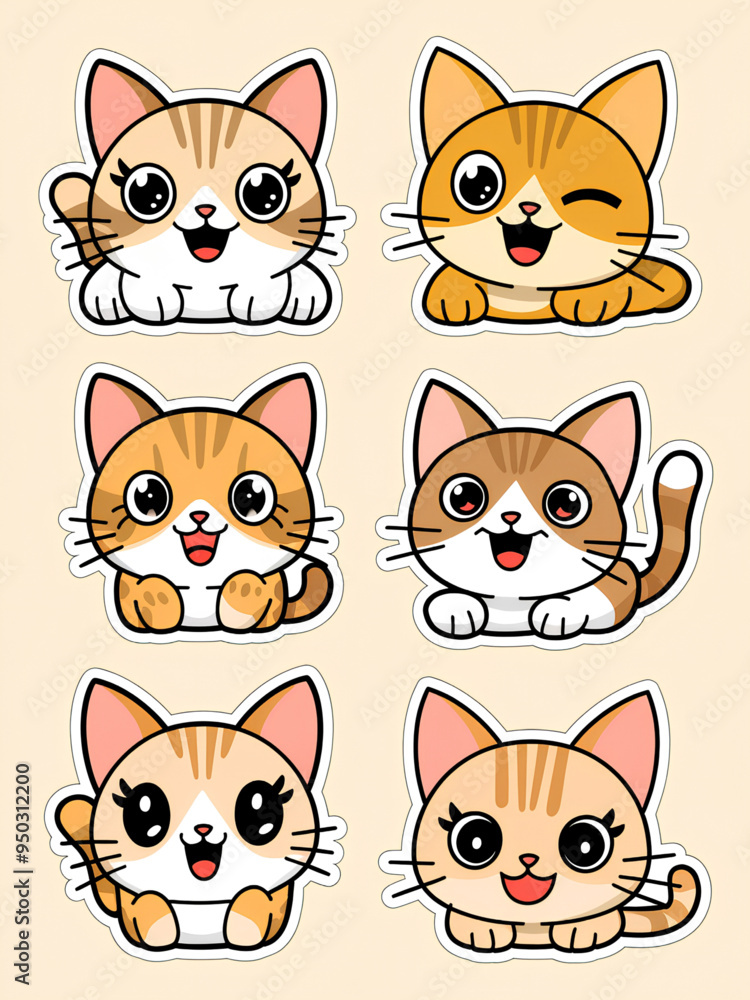 Fototapeta premium Kawaii Cat Stickers Collection, Cute and Playful Kawaii Cat Decals, Fun and Whimsical Cat Stickers for Journals and Laptops, High-Quality Kawaii Cat Sticker Pack, Colorful Cartoon Cat Stickers, Kawaii