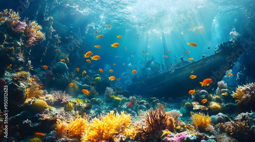 Fototapeta Naklejka Na Ścianę i Meble -  Vibrant underwater scene coral reefs sharp details schools of fish sunken ship