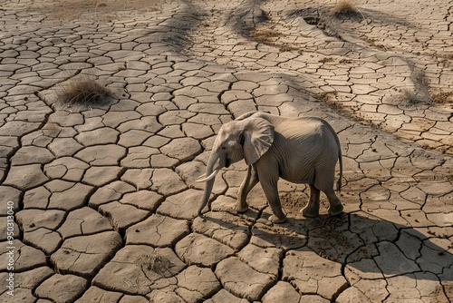 medium African elephant walking through a drought stricken landscape with dried up water sources, arid, cracked earth with sparse vegetation and empty waterholes, intense photo