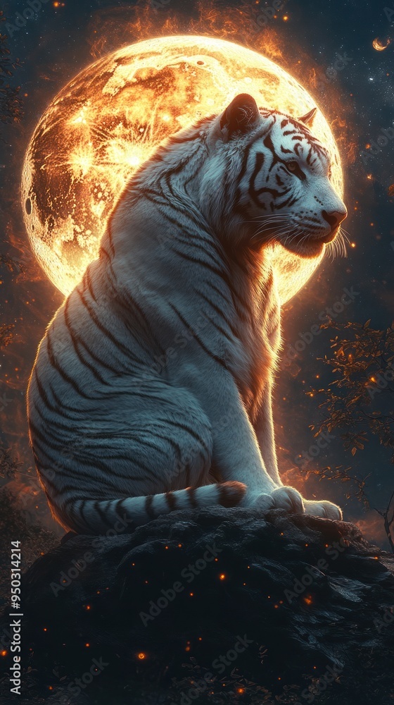 White Tiger Sitting on a Rock Before a Flaming Moon White Tiger Sitting on a Rock Before a Flaming Moon