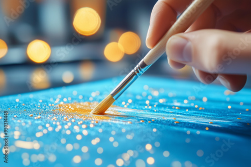 A hand holding a paintbrush, painting on a canvas with blue and orange colors, and golden lights. 