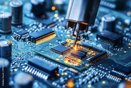 Robotic arm soldering microchip onto circuit board in factory