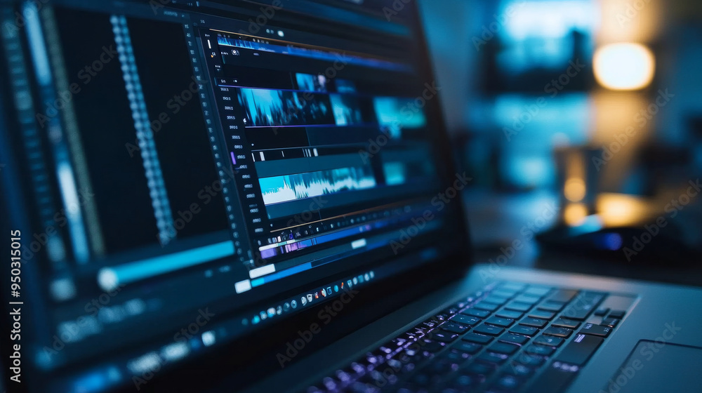 A computer screen shows a video editing program with a lot of blue A computer screen shows a video editing program with a lot of blue
