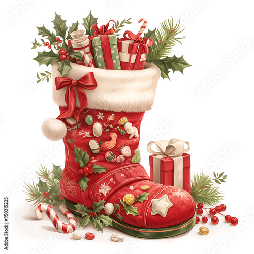 A vibrant red Christmas stocking overflowing with wrapped presents, greenery, and festive ornaments, capturing the holiday spirit and joy.