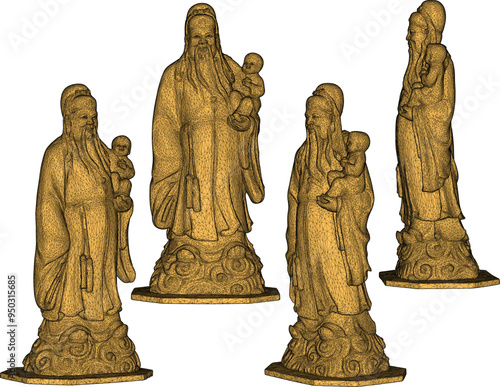 Vector sketch illustration of decorative design of statue of god of happiness smiling full of wisdom standing carrying baby