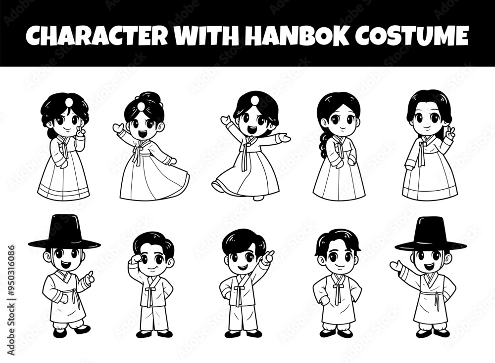 Character with hanbok costume outline vector illustration set Character with hanbok costume outline vector illustration set