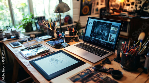Creative workspace with a tablet, laptop, and drawing tools