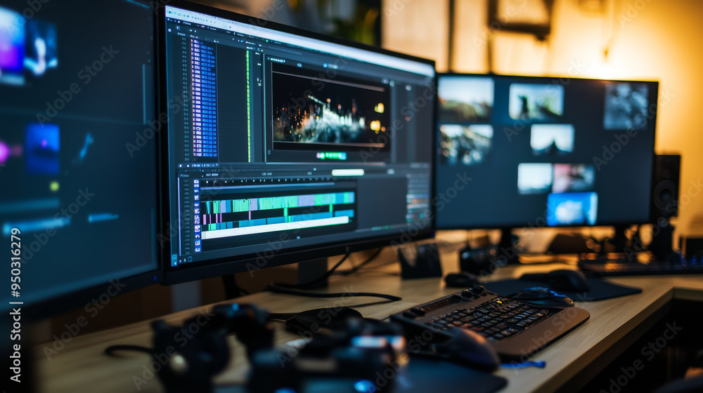 Desktop with dual monitors displaying video editing software Desktop with dual monitors displaying video editing software
