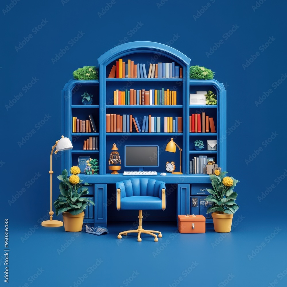 A cozy home office setup with a blue desk, shelves filled with books, potted plants, a computer, and a comfortable chair. A cozy home office setup with a blue desk, shelves filled with books, potted plants, a computer, and a comfortable chair.