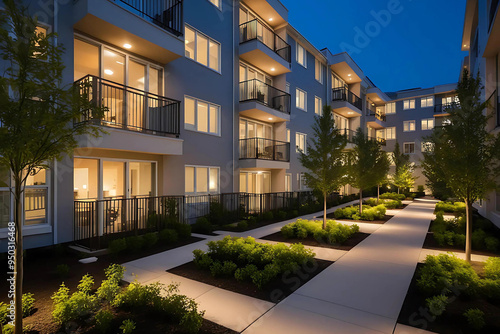 A serene twilight view of a well-lit apartment complex, with glowing windows and balconies, modern pathways, and softly illuminated trees photo