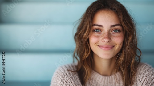 A young woman with a confident smile, wearing a warm sweater, stands before a softly blurred background, exuding a sense of well-being and contentment.