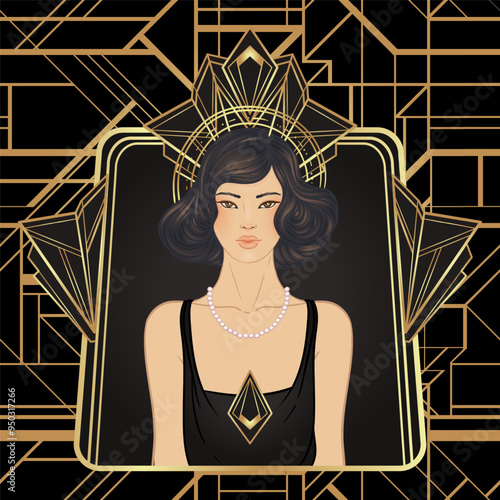 Retro fashion, glamour girl of twenties. Asian pretty woman. Vector illustration. Flapper 20s style. Vintage party invitation design template. Fancy asian lady.