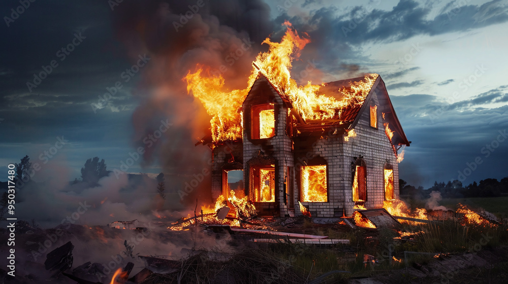 a burning house with intense flames engulfing the structure a burning house with intense flames engulfing the structure