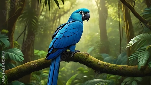 Extinct Spix's Macaw perched on a branch in a lush, tropical rainforest photo