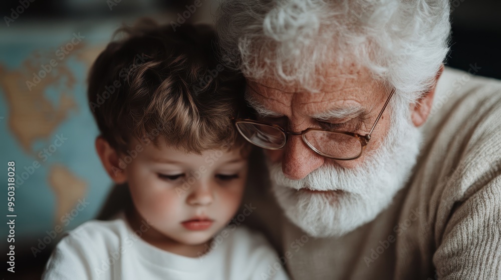 An elderly man with a white beard and glasses reads with a young child, both focused on a book, lit warmly from the side, creating a serene and touching moment of family bonding. An elderly man with a white beard and glasses reads with a young child, both focused on a book, lit warmly from the side, creating a serene and touching moment of family bonding.
