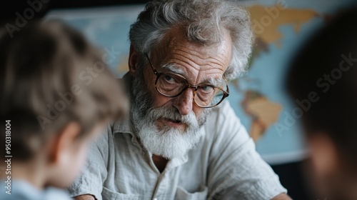 An elderly man with gray hair, teaching kids with a large world map visible in the background, symbolizing education, knowledge sharing, and generational bonding in a classroom. photo