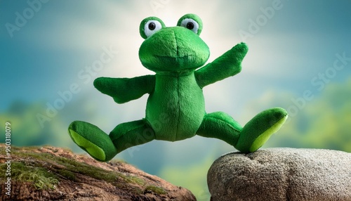 A plush frog jumping on the rock in nature