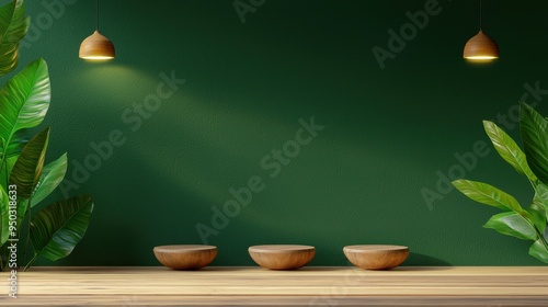 Wallpaper Mural Minimalist interior scene with wooden bowls on a wooden table, green walls, leafy plants, and pendant lights. Torontodigital.ca