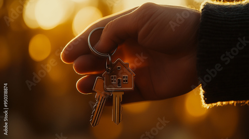 Hand holding house key. buying real estate, renting a house. mortgage