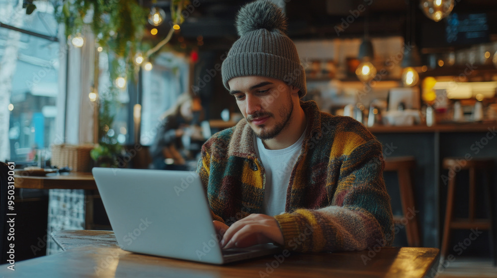 Influencer editing photos on a laptop in a cafe Influencer editing photos on a laptop in a cafe