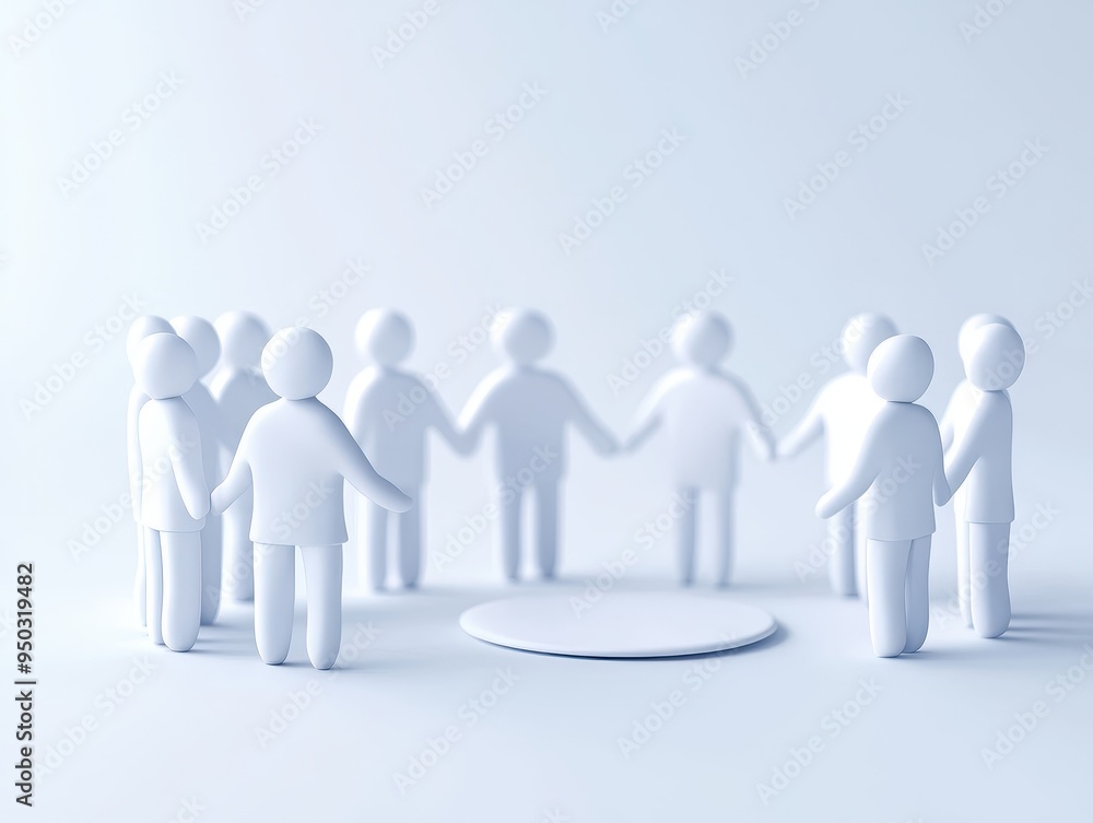 Group of paper-like 3D figures holding hands in a circle, symbolizing unity, teamwork, and community on a light blue background. Group of paper-like 3D figures holding hands in a circle, symbolizing unity, teamwork, and community on a light blue background.