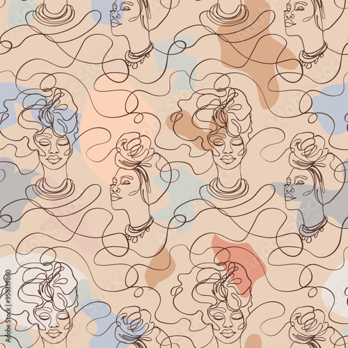 Abstract seamless pattern in modern simple style. Female faces. One line draw...