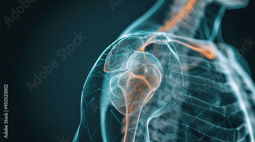 n MRI scan focusing on a shoulder with a visible rotator cuff tear, including surrounding anatomical features photo