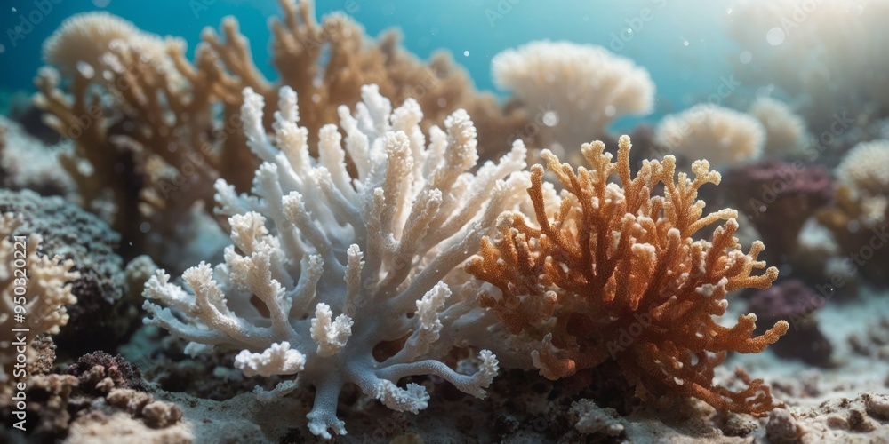 White bleached coral reef caused by rise in ocean temperature. White bleached coral reef caused by rise in ocean temperature.