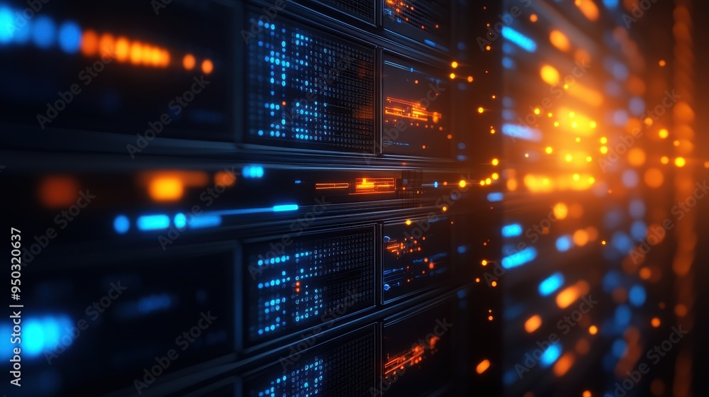 Data center server room with glowing blue and orange lights, representing modern technology and information storage. Data center server room with glowing blue and orange lights, representing modern technology and information storage.