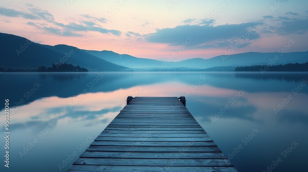A serene lakeside landscape at dusk with a wooden dock extending into the still water the sky is a blend of soft pastel colors as the sun sets behind distant mountains creating a peaceful and A serene lakeside landscape at dusk with a wooden dock extending into the still water the sky is a blend of soft pastel colors as the sun sets behind distant mountains creating a peaceful and